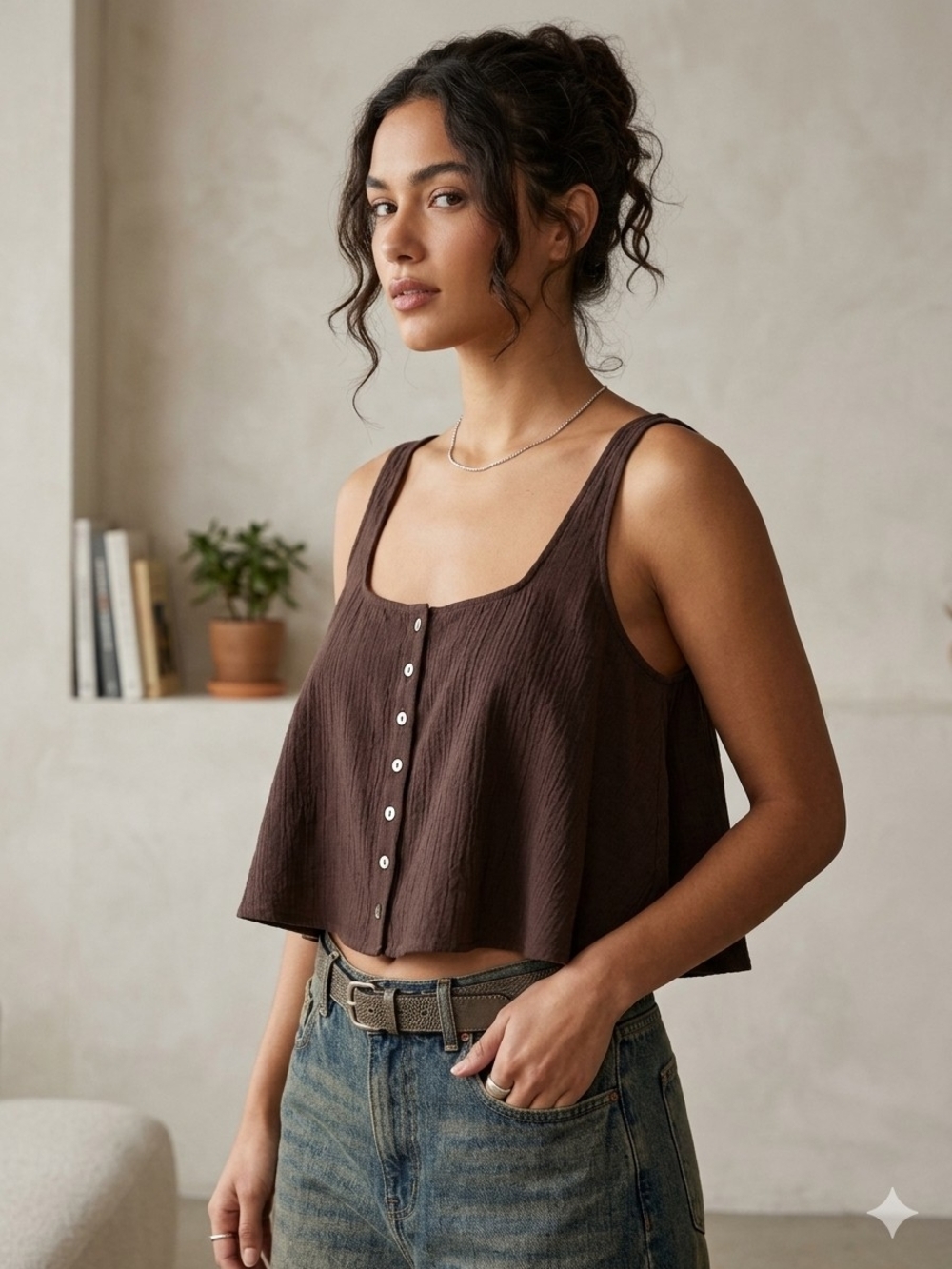 Zara Chocolate Brown Cropped Button-Front Tank
